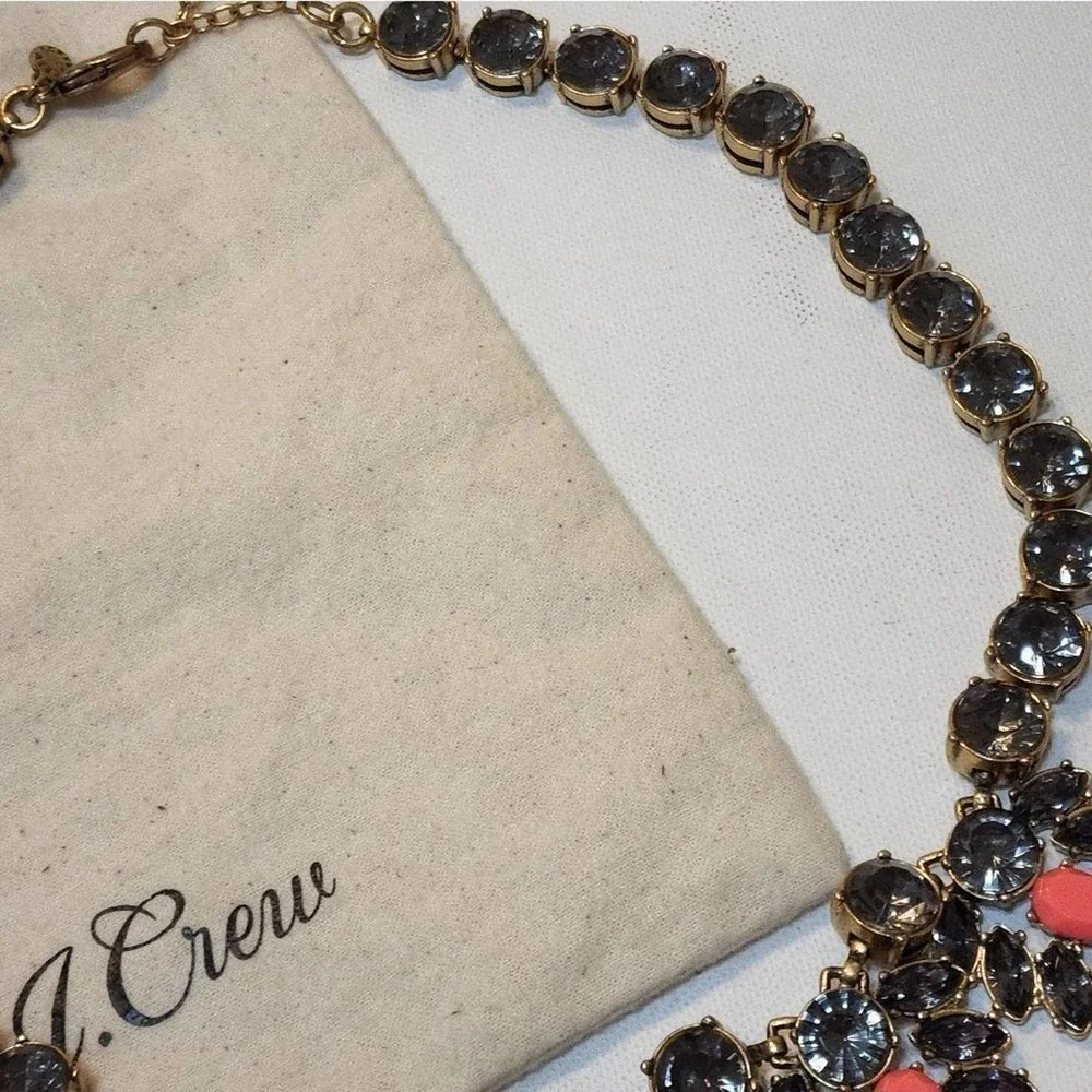 J. Crew navy‎ and coral jeweled art deco BRÛLÉE statement necklace